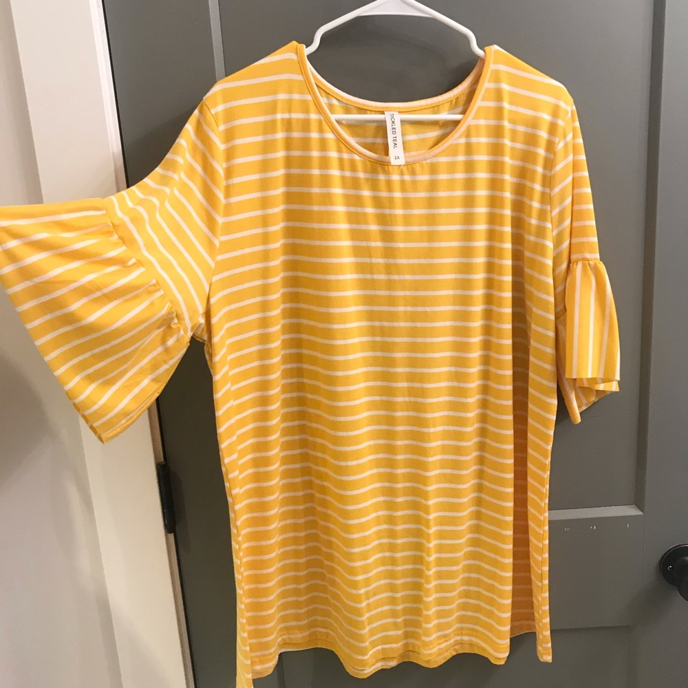 Yellow stripe ruffle sleeve shirt